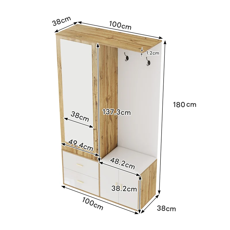 Vestiaires à l'entrée effet bois et blanc combiné avec miroir, 2 tiroirs, 2 portes et banc d'assise BAPHRES