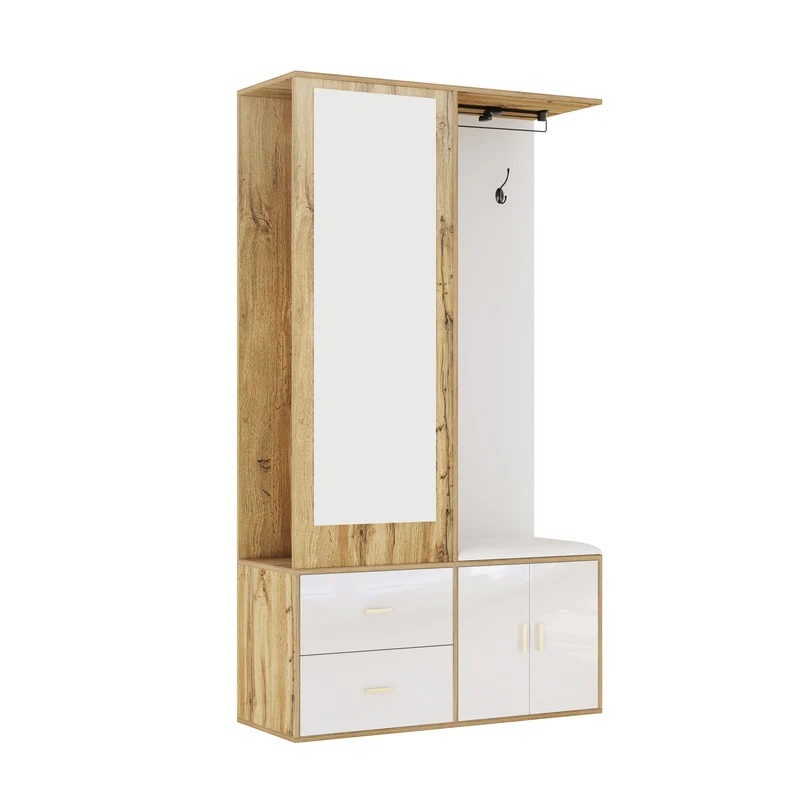 Vestiaires à l'entrée effet bois et blanc combiné avec miroir, 2 tiroirs, 2 portes et banc d'assise BAPHRES
