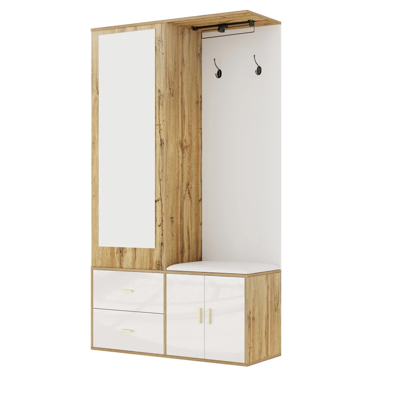 Vestiaires à l'entrée effet bois et blanc combiné avec miroir, 2 tiroirs, 2 portes et banc d'assise BAPHRES