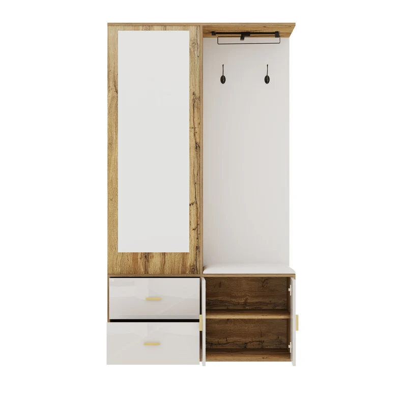 Vestiaires à l'entrée effet bois et blanc combiné avec miroir, 2 tiroirs, 2 portes et banc d'assise BAPHRES