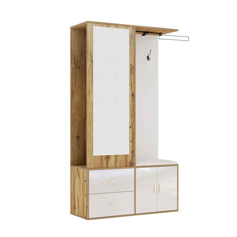 Vestiaires à l'entrée effet bois et blanc combiné avec miroir, 2 tiroirs, 2 portes et banc d'assise BAPHRES