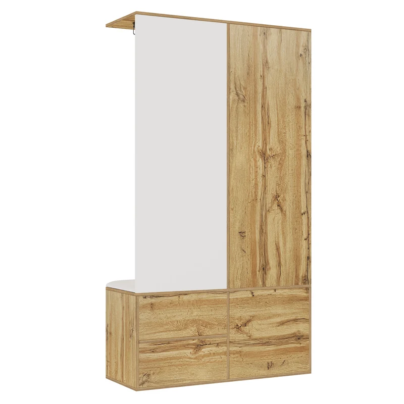 Vestiaires à l'entrée effet bois et blanc combiné avec miroir, 2 tiroirs, 2 portes et banc d'assise BAPHRES
