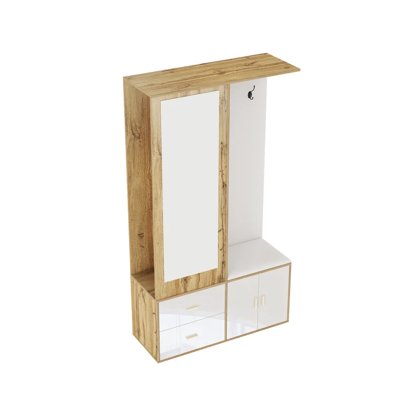 Vestiaires à l'entrée effet bois et blanc combiné avec miroir, 2 tiroirs, 2 portes et banc d'assise BAPHRES