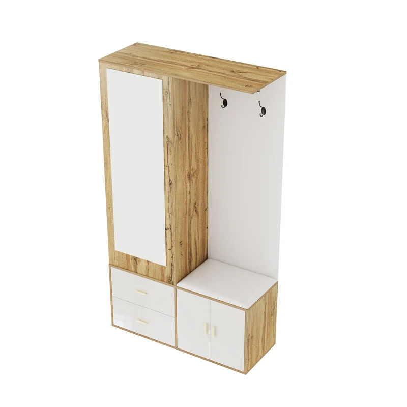 Vestiaires à l'entrée effet bois et blanc combiné avec miroir, 2 tiroirs, 2 portes et banc d'assise BAPHRES