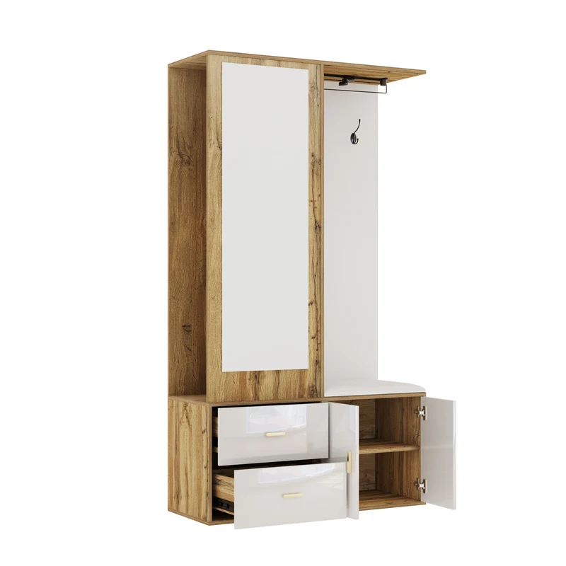 Vestiaires à l'entrée effet bois et blanc combiné avec miroir, 2 tiroirs, 2 portes et banc d'assise BAPHRES