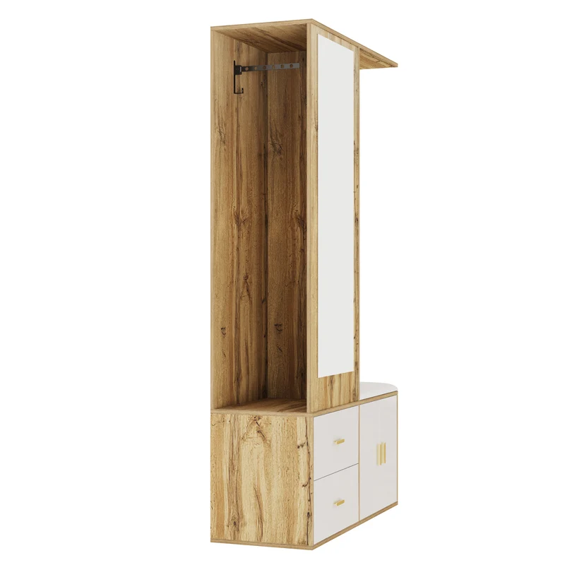 Vestiaires à l'entrée effet bois et blanc combiné avec miroir, 2 tiroirs, 2 portes et banc d'assise BAPHRES