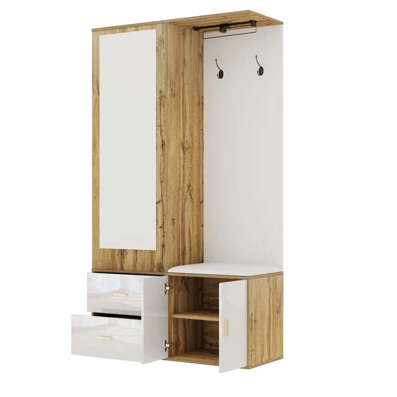Vestiaires à l'entrée effet bois et blanc combiné avec miroir, 2 tiroirs, 2 portes et banc d'assise BAPHRES