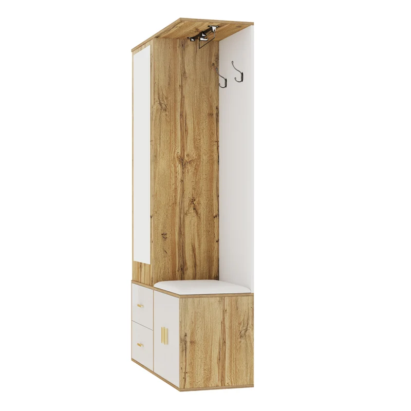 Vestiaires à l'entrée effet bois et blanc combiné avec miroir, 2 tiroirs, 2 portes et banc d'assise BAPHRES