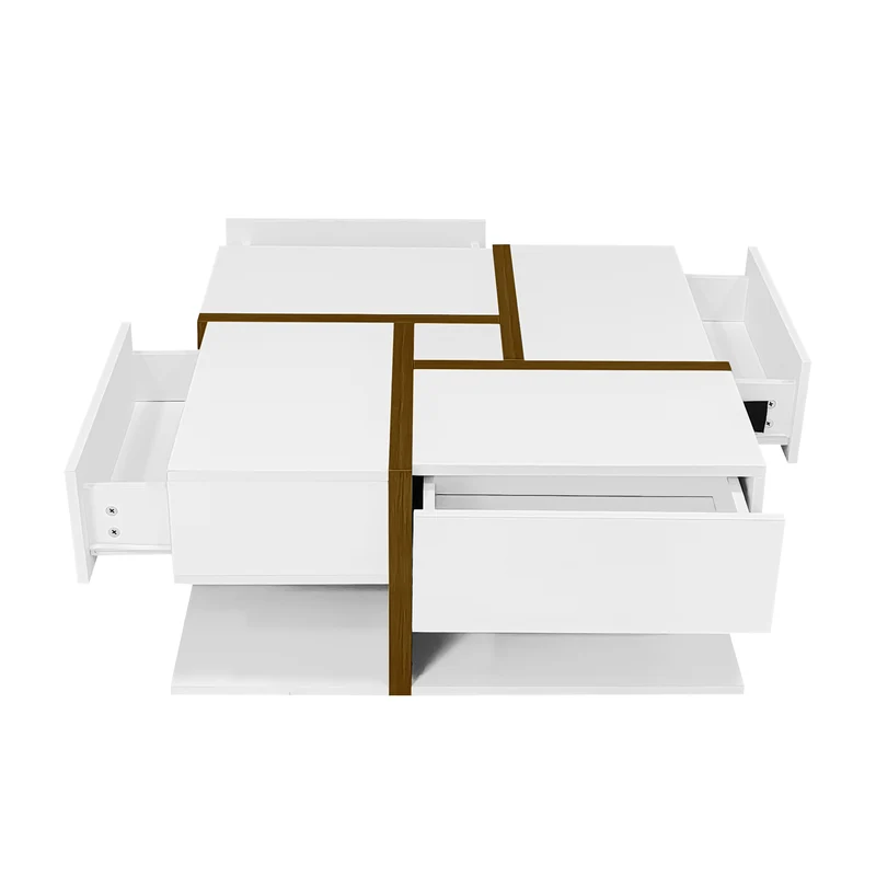 Table basse carrée blanche brillante avec 4 tiroirs et design géométrique 78*78*34,8 cm THURLUNS