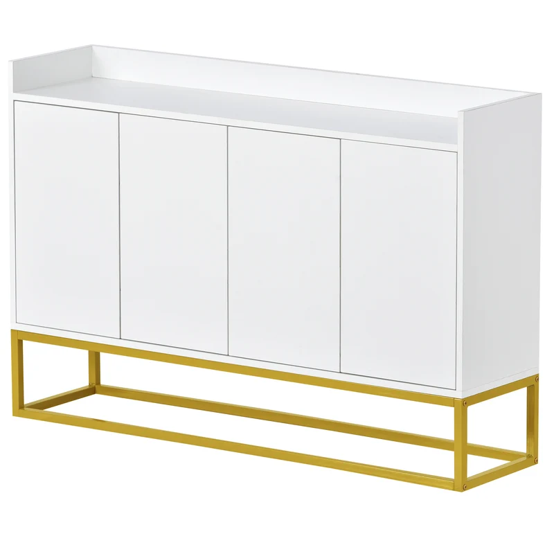 Buffet minimaliste blanc 4 portes sans poignées avec pieds dorés 120*30*80cm EICERS WHITE