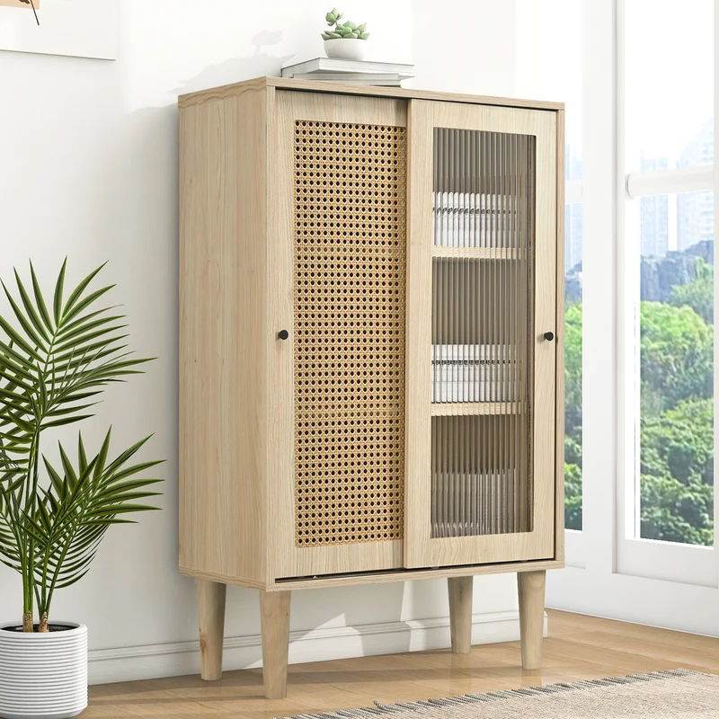 Buffet effet bois avec portes en rotin et portes coulissantes en verre BAMPHUDS