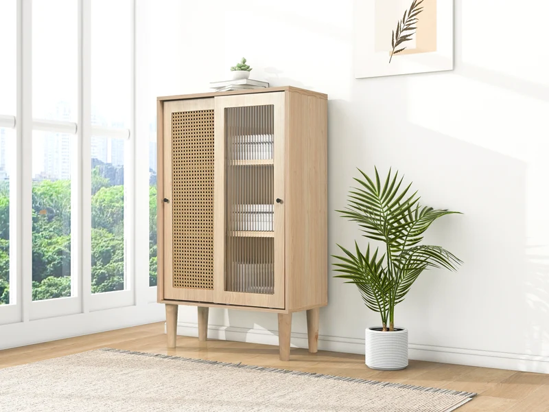 Buffet effet bois avec portes en rotin et portes coulissantes en verre BAMPHUDS