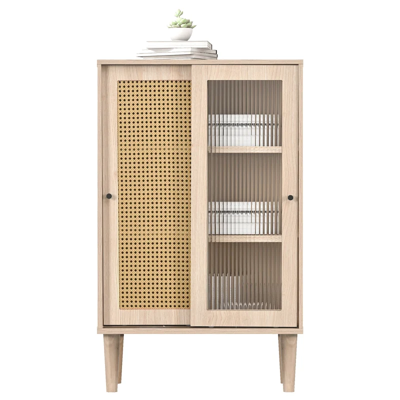 Buffet effet bois avec portes en rotin et portes coulissantes en verre BAMPHUDS
