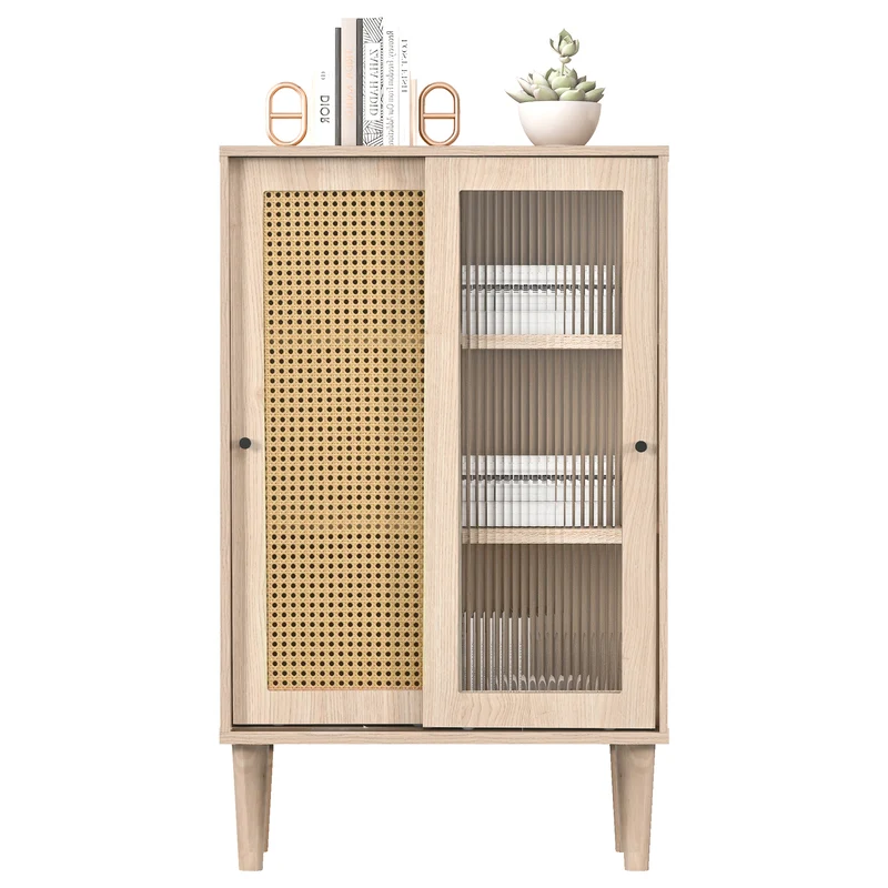 Buffet effet bois avec portes en rotin et portes coulissantes en verre BAMPHUDS