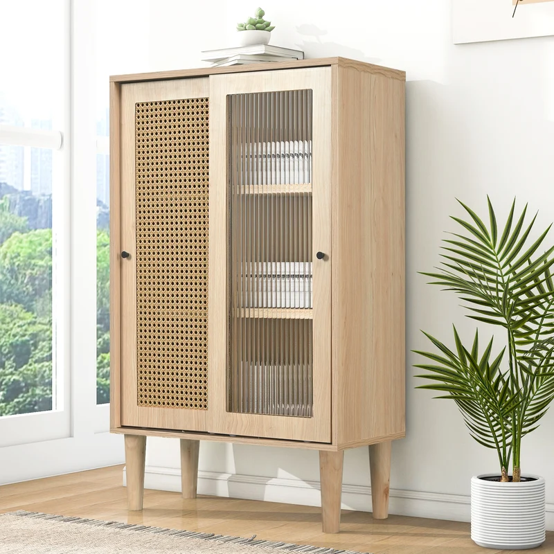 Buffet effet bois avec portes en rotin et portes coulissantes en verre BAMPHUDS