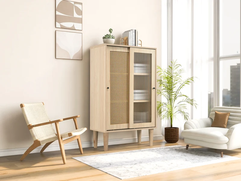 Buffet effet bois avec portes en rotin et portes coulissantes en verre BAMPHUDS