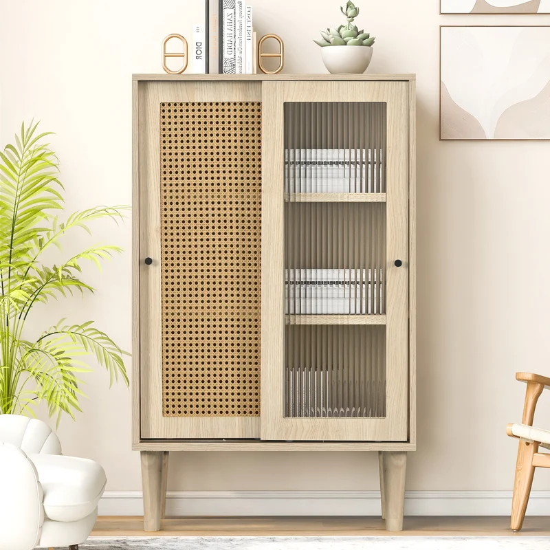 Buffet effet bois avec portes en rotin et portes coulissantes en verre BAMPHUDS