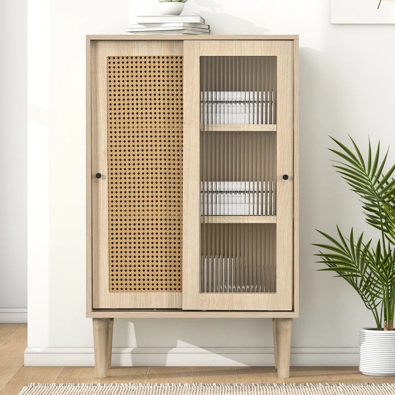 Buffet effet bois avec portes en rotin et portes coulissantes en verre BAMPHUDS