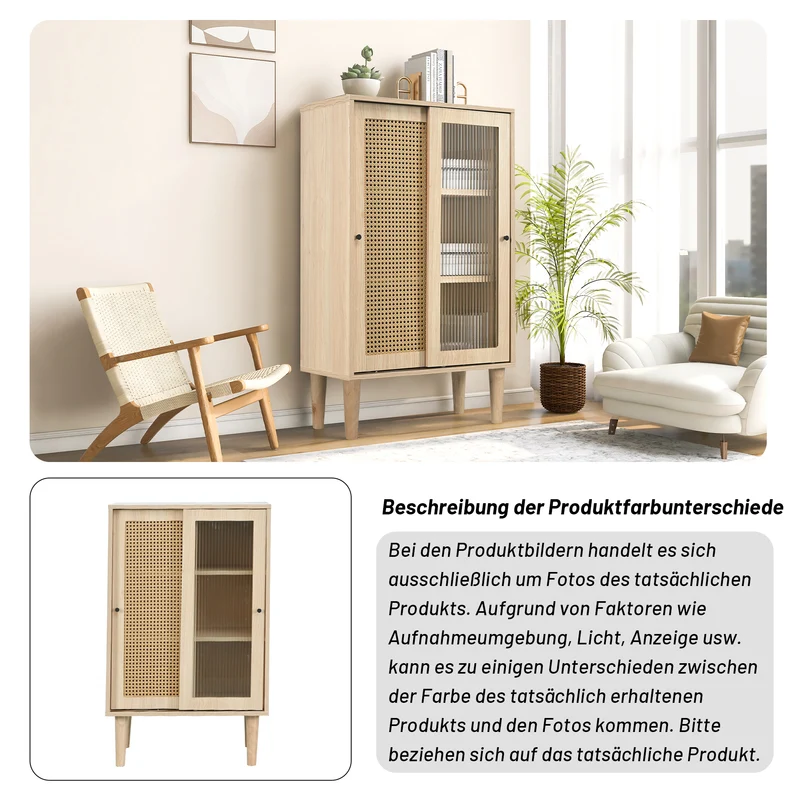 Buffet effet bois avec portes en rotin et portes coulissantes en verre BAMPHUDS