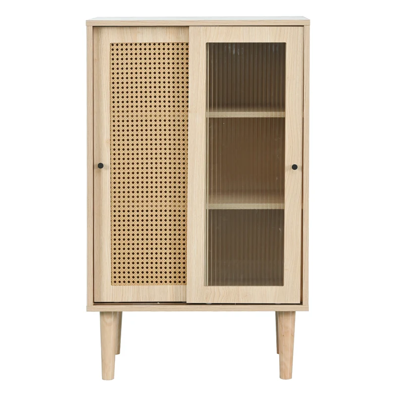 Buffet effet bois avec portes en rotin et portes coulissantes en verre BAMPHUDS