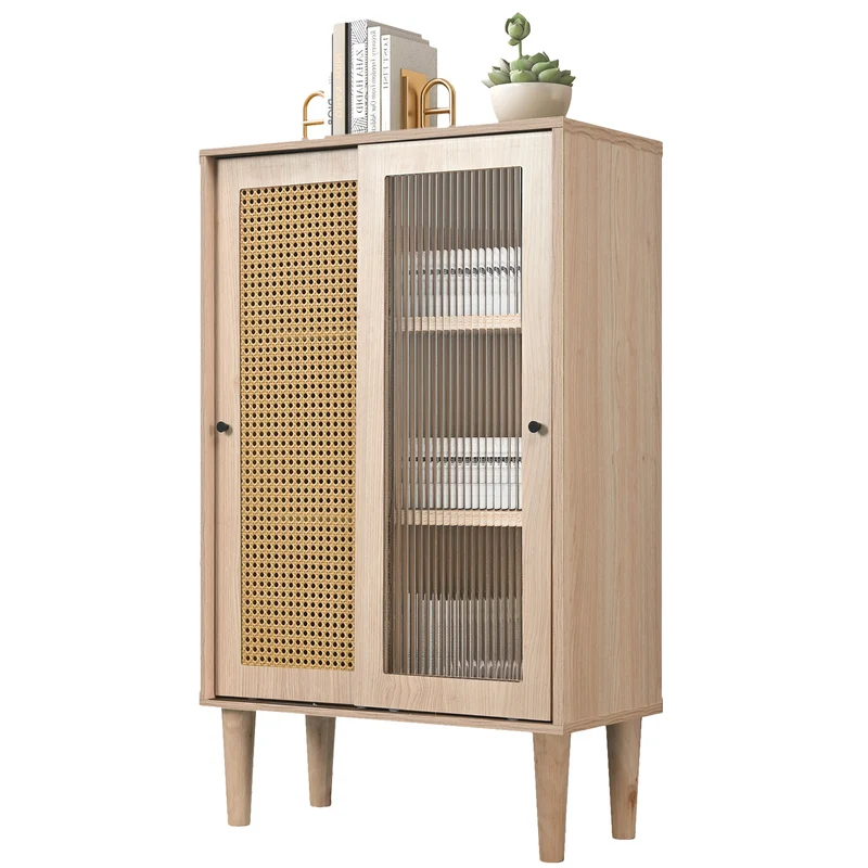 Buffet effet bois avec portes en rotin et portes coulissantes en verre BAMPHUDS