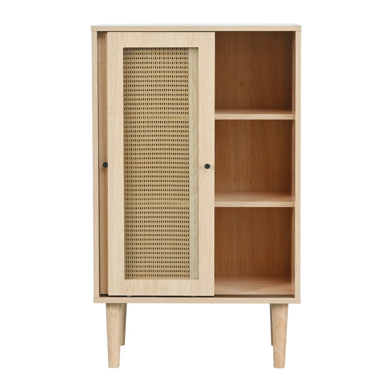 Buffet effet bois avec portes en rotin et portes coulissantes en verre BAMPHUDS