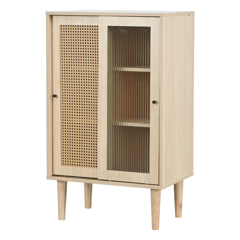 Buffet effet bois avec portes en rotin et portes coulissantes en verre BAMPHUDS