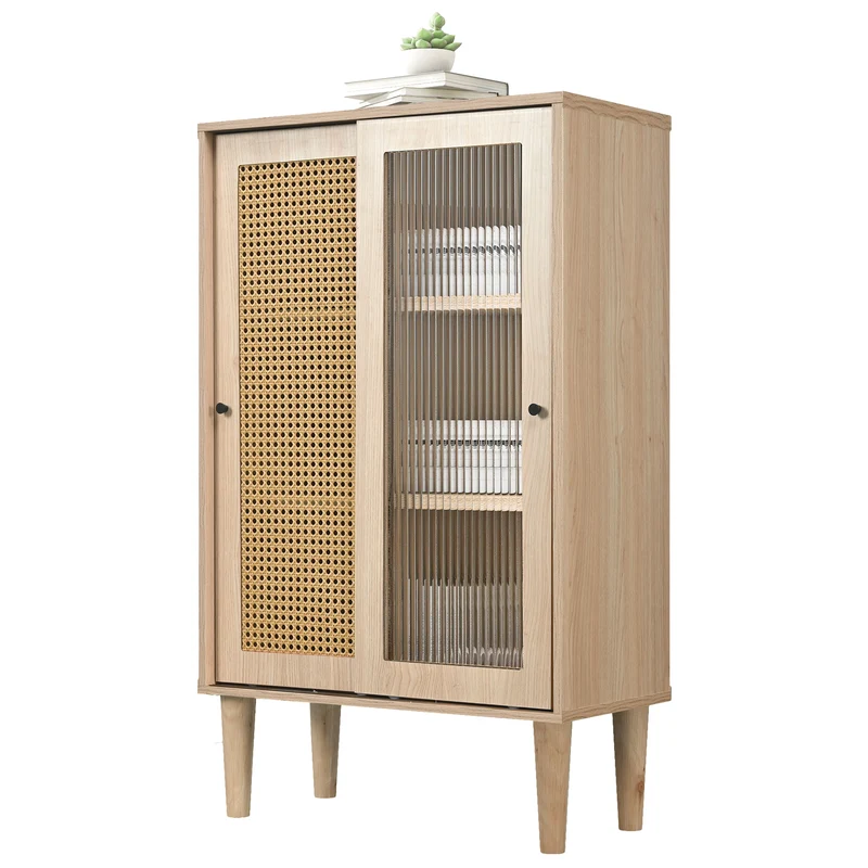 Buffet effet bois avec portes en rotin et portes coulissantes en verre BAMPHUDS
