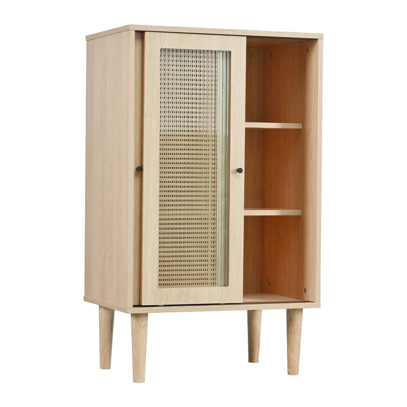 Buffet effet bois avec portes en rotin et portes coulissantes en verre BAMPHUDS