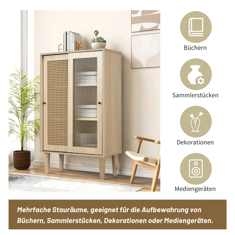 Buffet effet bois avec portes en rotin et portes coulissantes en verre BAMPHUDS