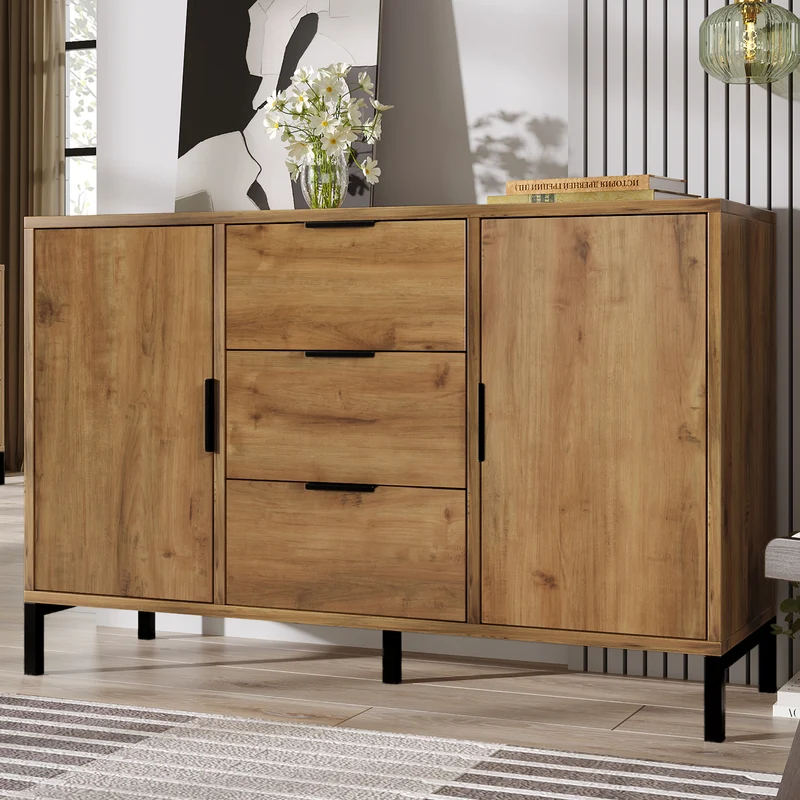 Buffet effet bois chêne foncé style industriel 2 portes 3 tiroirs 120x40x76cm OMNAERS
