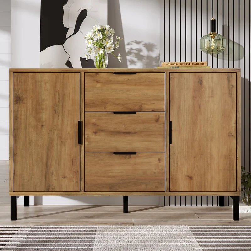 Buffet effet bois chêne foncé style industriel 2 portes 3 tiroirs 120x40x76cm OMNAERS