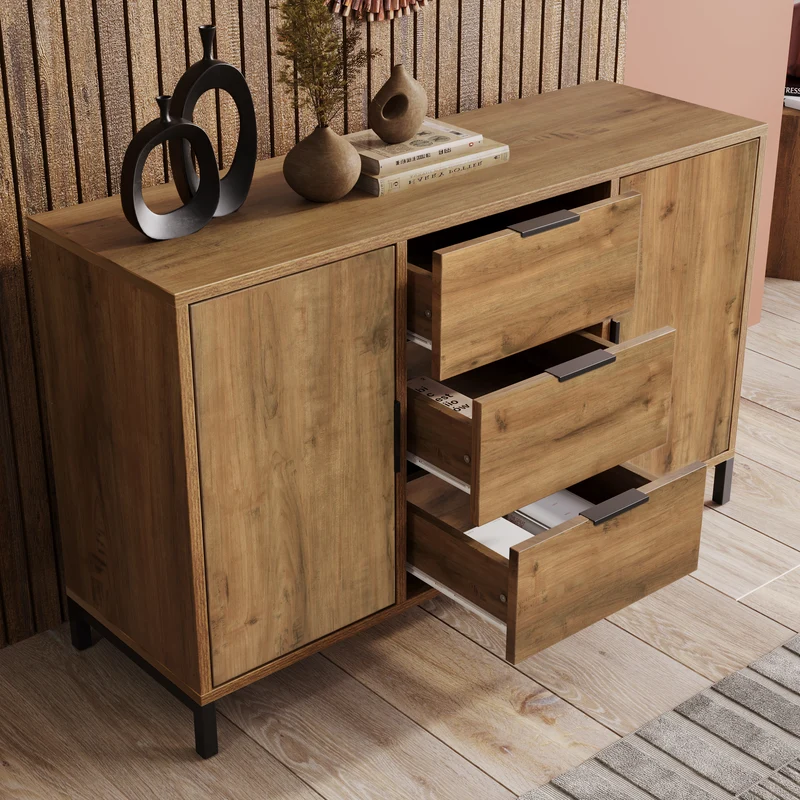 Buffet effet bois chêne foncé style industriel 2 portes 3 tiroirs 120x40x76cm OMNAERS
