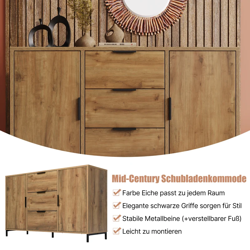 Buffet effet bois chêne foncé style industriel 2 portes 3 tiroirs 120x40x76cm OMNAERS