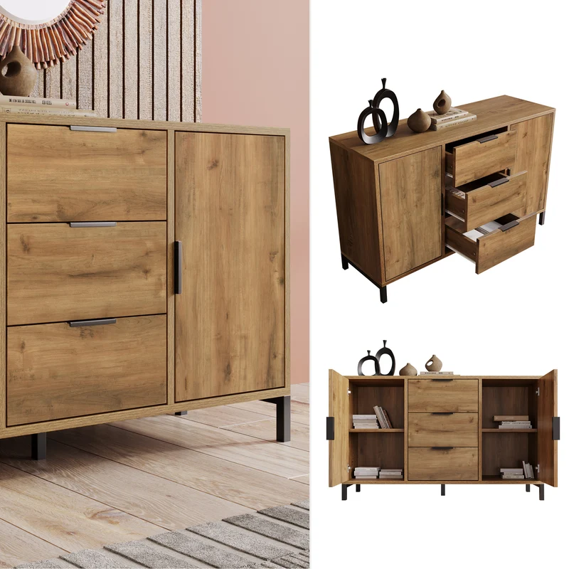 Buffet effet bois chêne foncé style industriel 2 portes 3 tiroirs 120x40x76cm OMNAERS