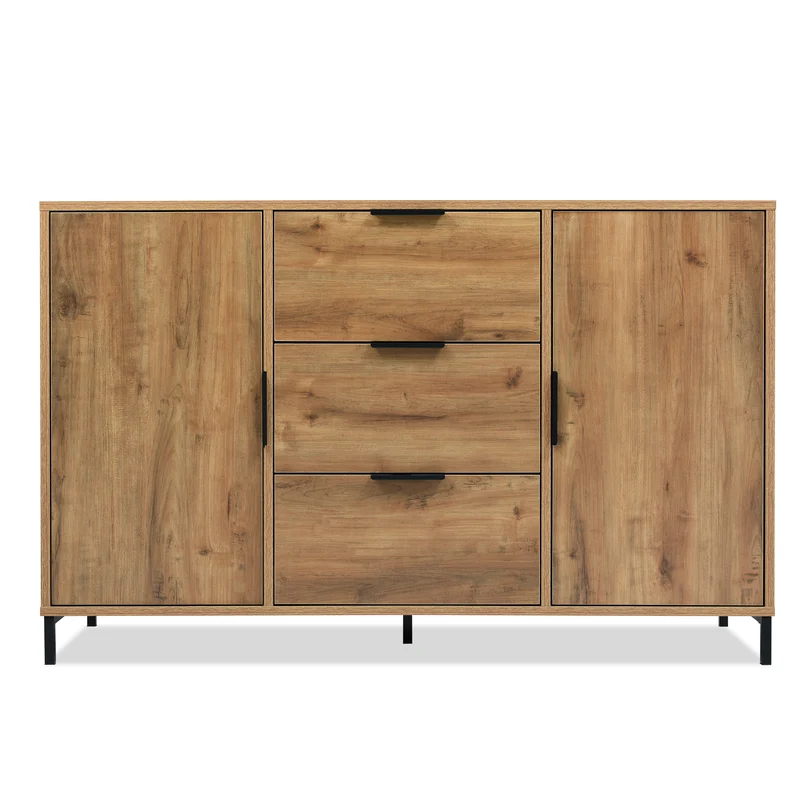 Buffet effet bois chêne foncé style industriel 2 portes 3 tiroirs 120x40x76cm OMNAERS