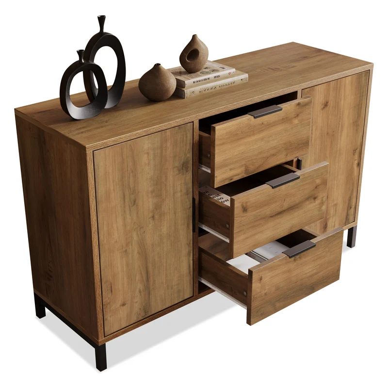 Buffet effet bois chêne foncé style industriel 2 portes 3 tiroirs 120x40x76cm OMNAERS
