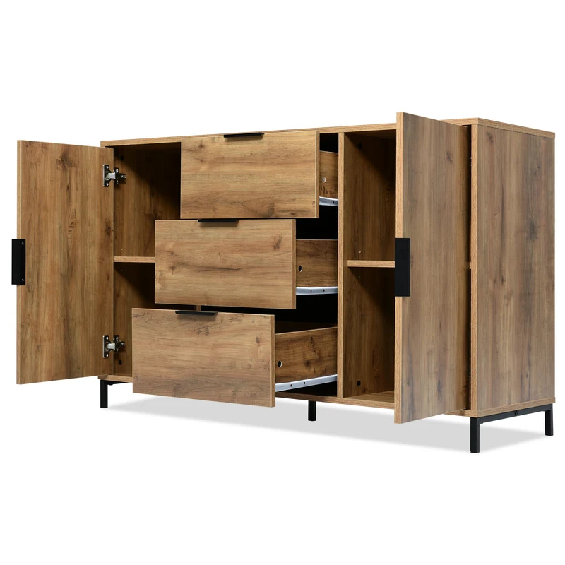 Buffet effet bois chêne foncé style industriel 2 portes 3 tiroirs 120x40x76cm OMNAERS