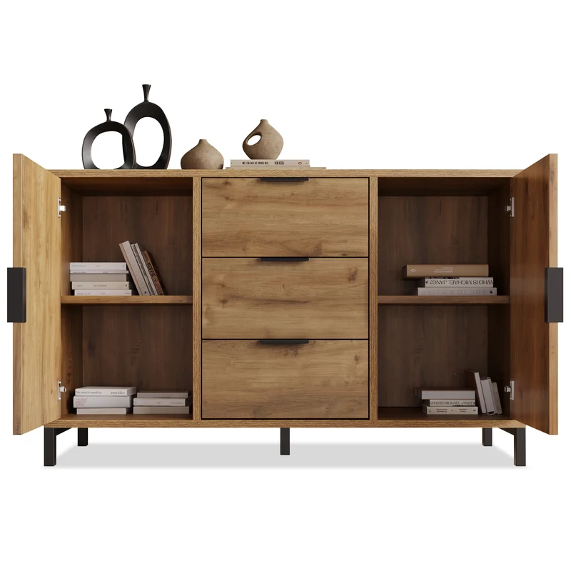Buffet effet bois chêne foncé style industriel 2 portes 3 tiroirs 120x40x76cm OMNAERS