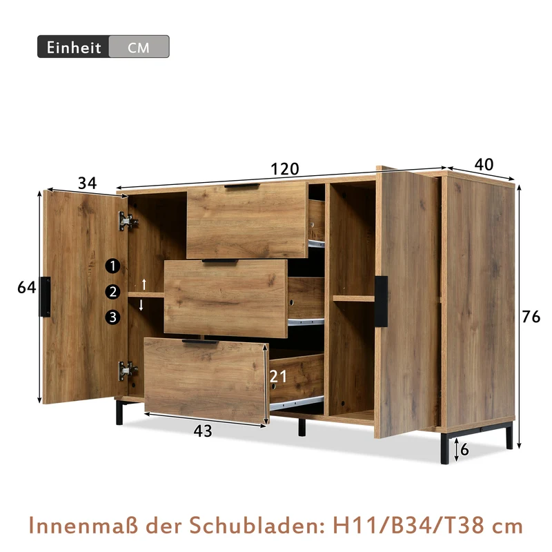 Buffet effet bois chêne foncé style industriel 2 portes 3 tiroirs 120x40x76cm OMNAERS