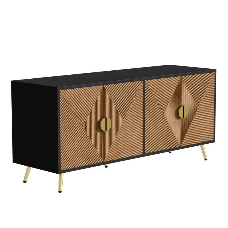 Buffet élégant effet bois brossées et noir 4 portes poignées et pieds dorées 160*40*75 cm VIMIDS