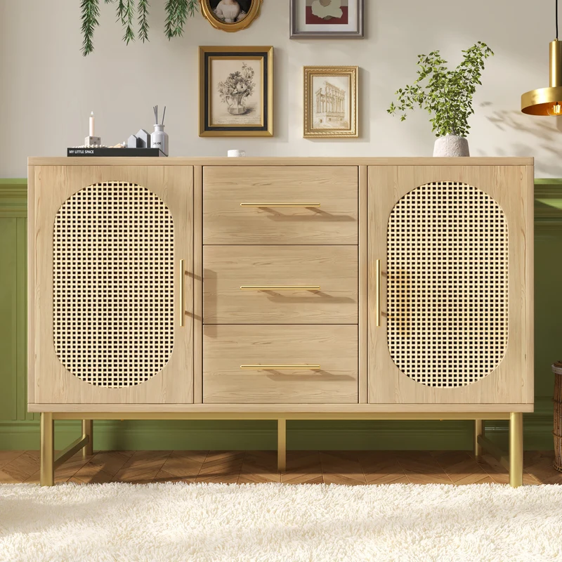 Buffet effet bois chêne en rotin avec 3 tiroirs et 2 portes 120x40x74cm VIGOIH