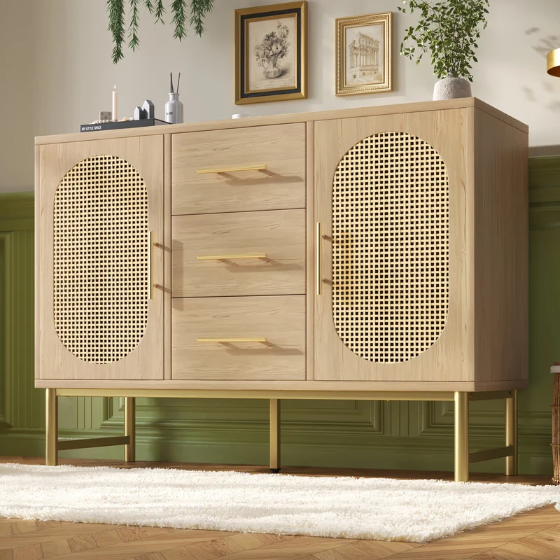 Buffet effet bois chêne en rotin avec 3 tiroirs et 2 portes 120x40x74cm VIGOIH