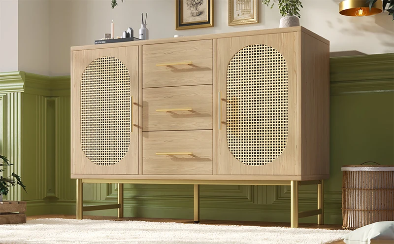 Buffet effet bois chêne en rotin avec 3 tiroirs et 2 portes 120x40x74cm VIGOIH
