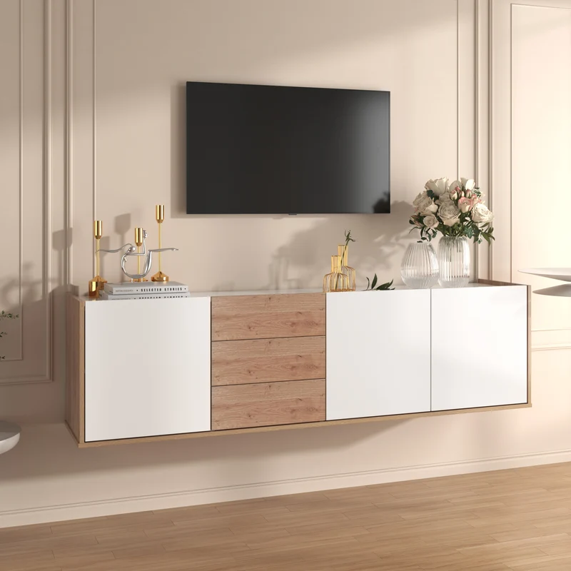 Meuble TV blanc et bois 3 portes et 3 tiroirs murale ou posé au sol GHUGROINS
