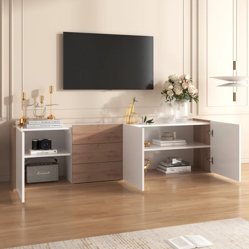 Meuble TV blanc et bois 3 portes et 3 tiroirs murale ou posé au sol GHUGROINS