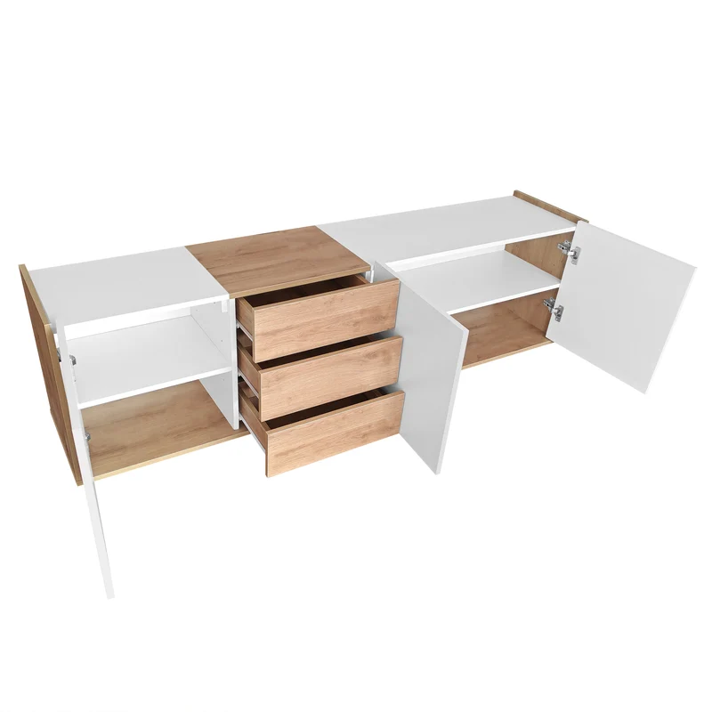 Meuble TV blanc et bois 3 portes et 3 tiroirs murale ou posé au sol GHUGROINS