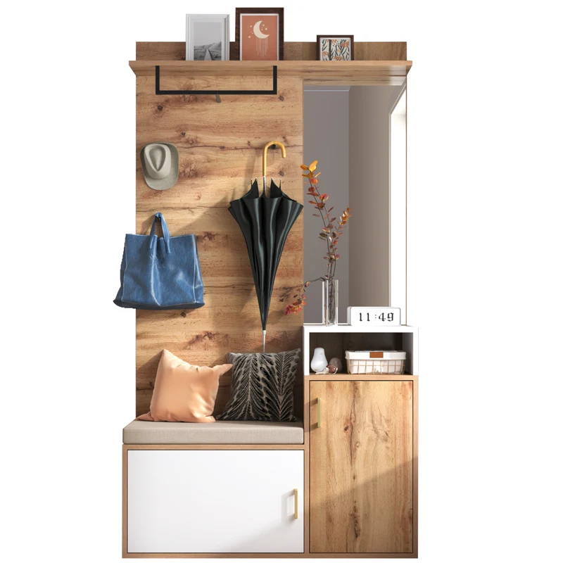 Vestiaire à l'entrée effet bois avec miroir, banc, porte-manteaux et rangement chaussures 105x40x190,5 cm NIMBUSION