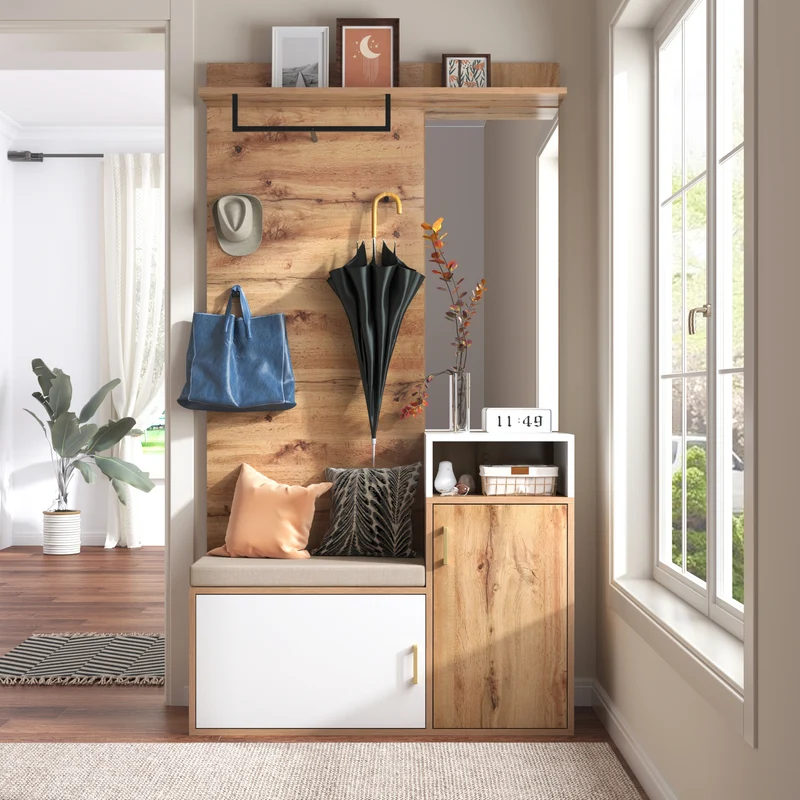 Vestiaire à l'entrée effet bois avec miroir, banc, porte-manteaux et rangement chaussures 105x40x190,5 cm NIMBUSION