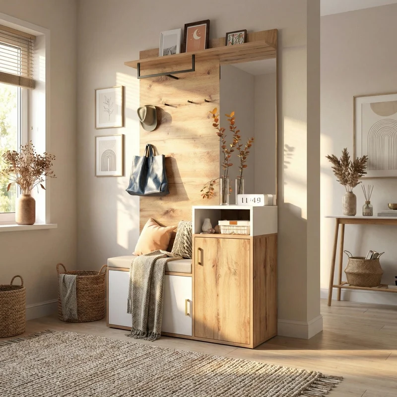 Vestiaire à l'entrée effet bois avec miroir, banc, porte-manteaux et rangement chaussures 105x40x190,5 cm NIMBUSION